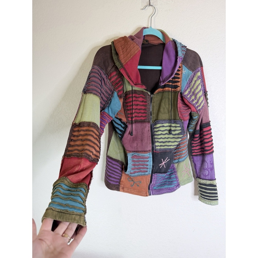 Rising International Nepal Patchwork Hoodie Jacket Women L Boho Hippie Festival